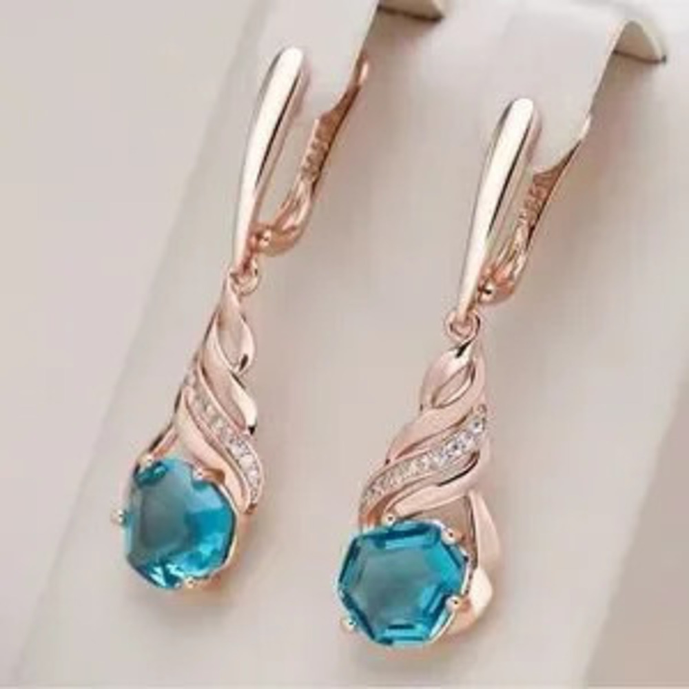 Shiny Blue Stone Long Drop Earrings for Women Natural Zircon 585